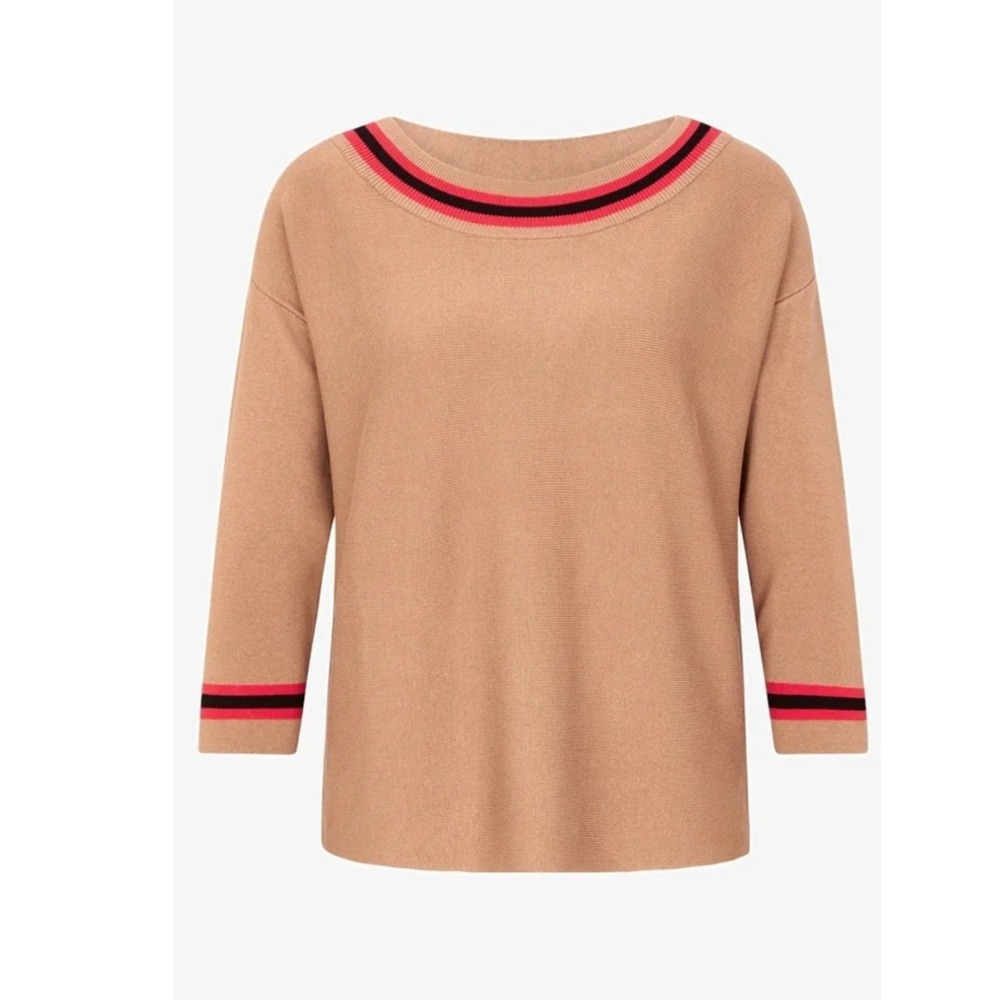 Comma Women Camel Tan Viscose Blend Knit Top Red Black Striped Trim Size 40